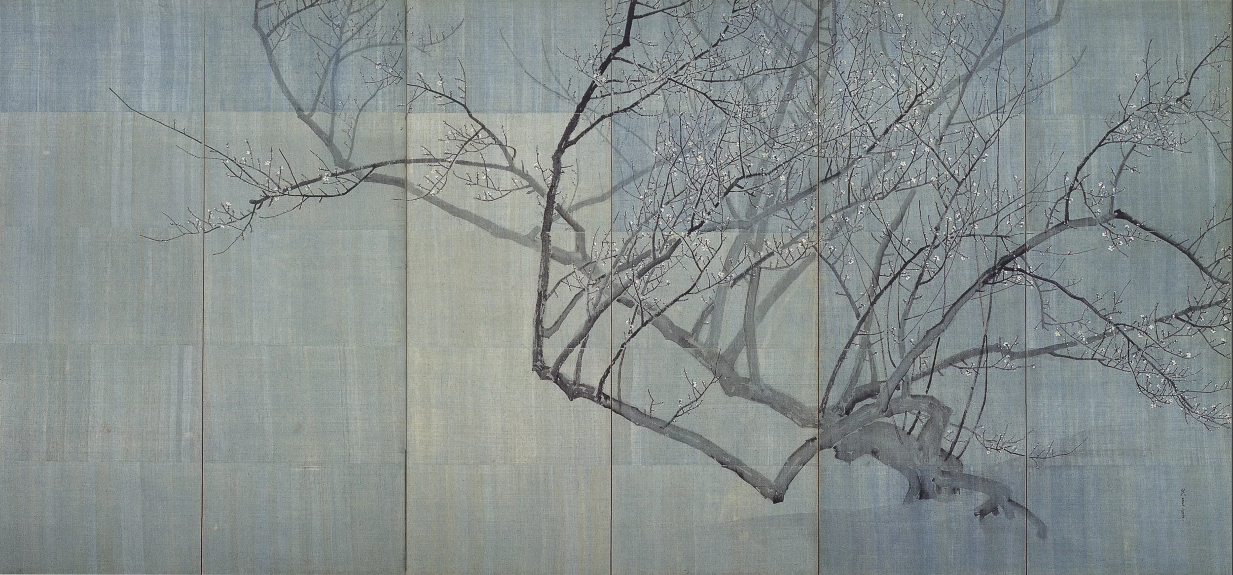 日本画 梅の花 屏風 四つ折り屏風 日本画 金箔彩色 牡丹に梅