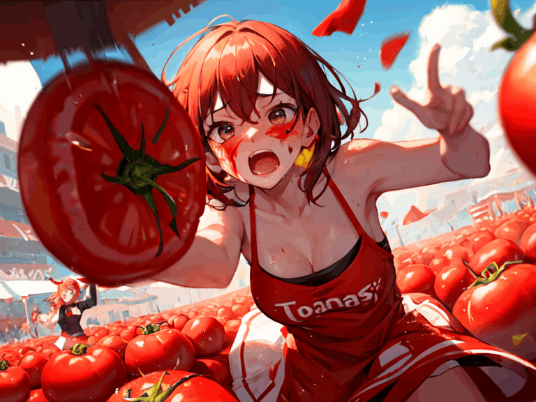 AIさんにトマト祭りを描いてもらったら躍動感にあふれてて