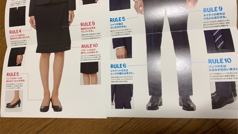 全身写真の足元。スカートスーツにヒールパンプスのレディースのコーディネート、パンツスーツにフラットな革靴のメンズのコーディネート。着こなしのルールが細かく解説されているのが見える。