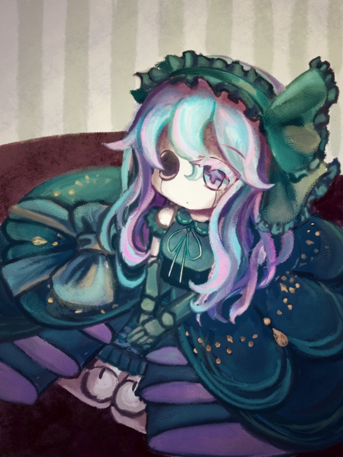 創作　オリジナル 手描きイラスト 【人形様】 立ち絵風に🌙🪿 配信で使ってるみと人形ちゃんです💜 自分用にアクスタ