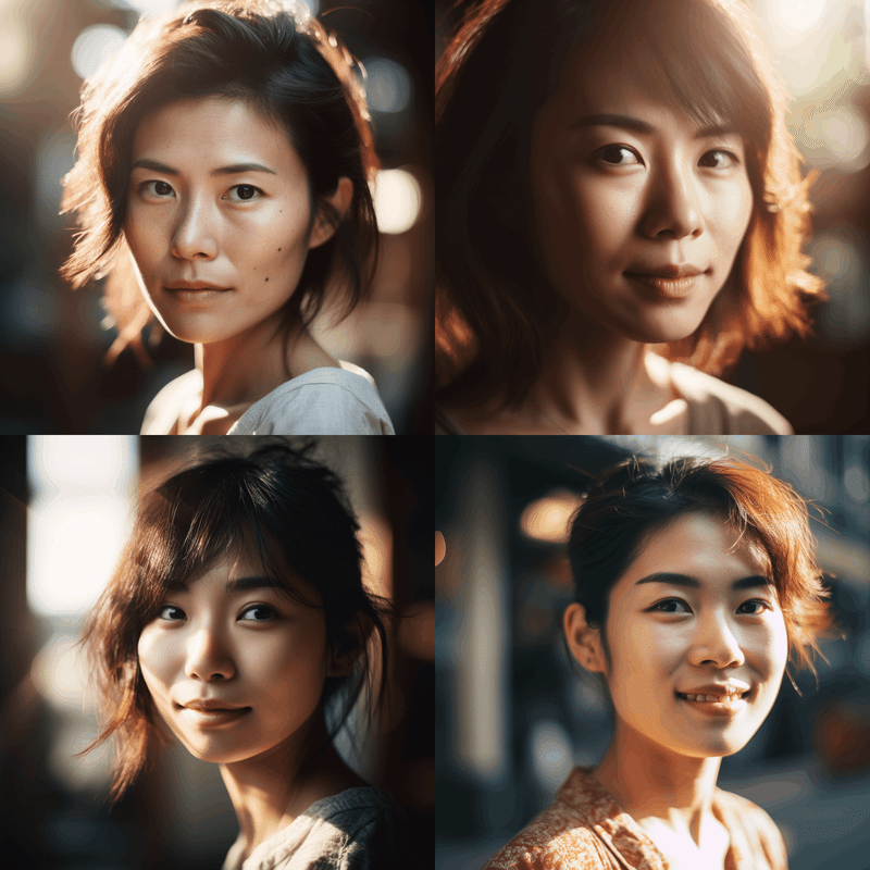 photo portrait of a japanese woman with bright natural sunlight and clear facial features using a 35mm lens