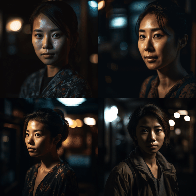 photo portrait of a japanese woman in dim dark lighting shot with a 35mm lens