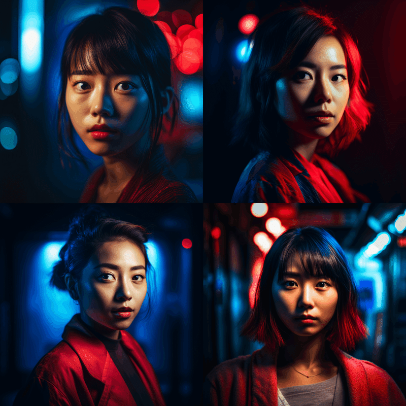 a photo portrait of a japanese woman turning forward with blue and red lighting and high saturation