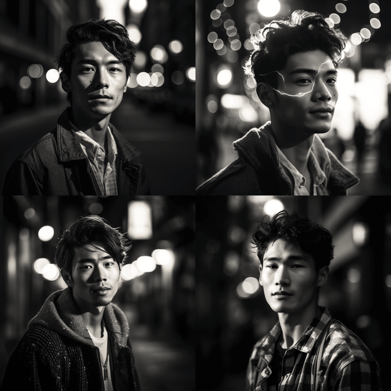 a black and white photo portrait of a japanese male model on the street with light behind him