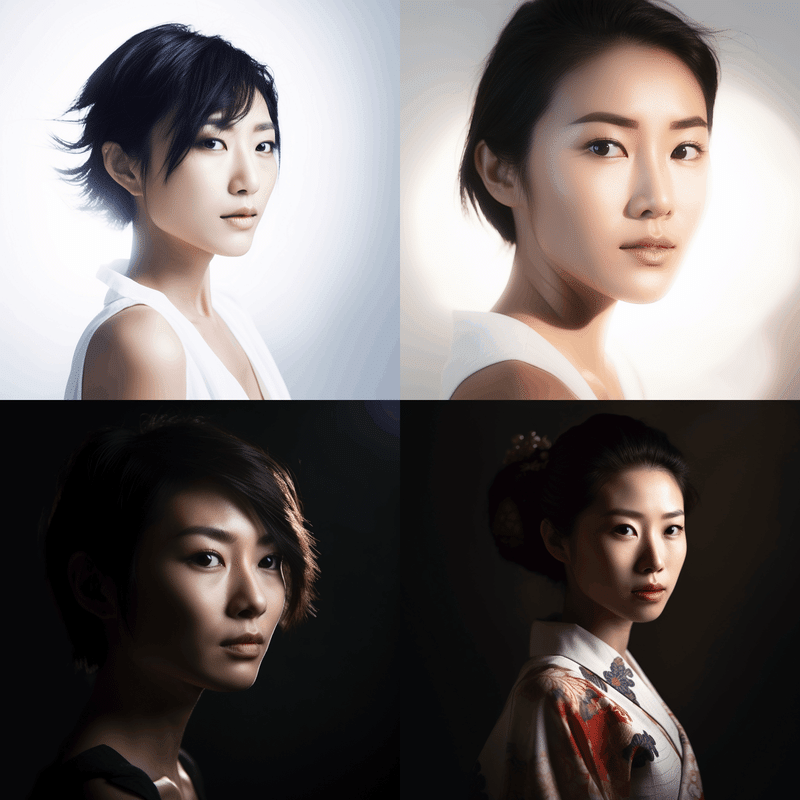 a very bright photo of a japanese woman model with dramatic lighting and white background