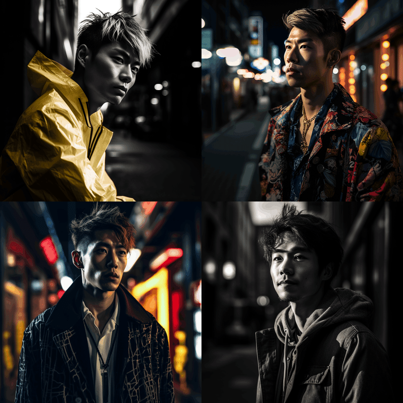 a high contrast very bright photo of a japanese male model on the street