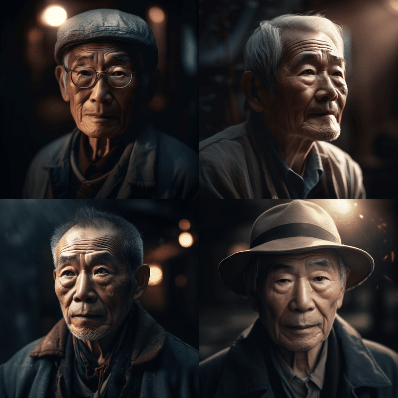 photo portrait of a japanese old man outside with cinematic lighting and clear facial features, include global illumination uplight --q 2