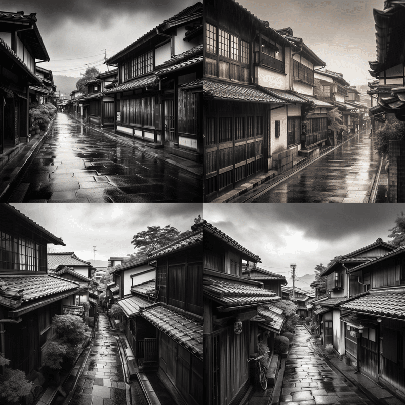 A bright black and white cloudy and rainy photo of old Houses in Kyoto