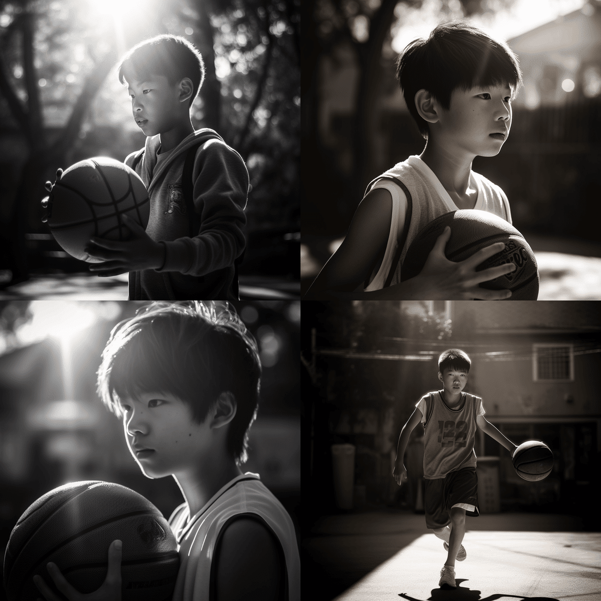 a black and white photo of a japanese boy playing basketball with bright sunlight