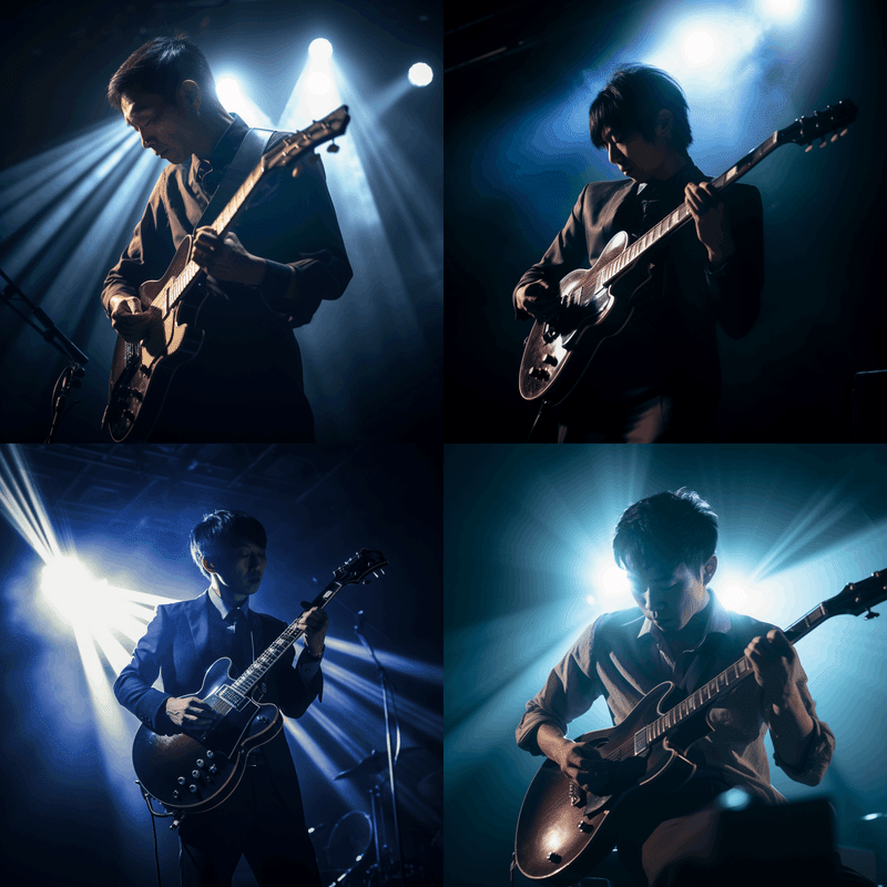 a photo of a spotlight on a japanese guitar player on stage with dramatic lighting