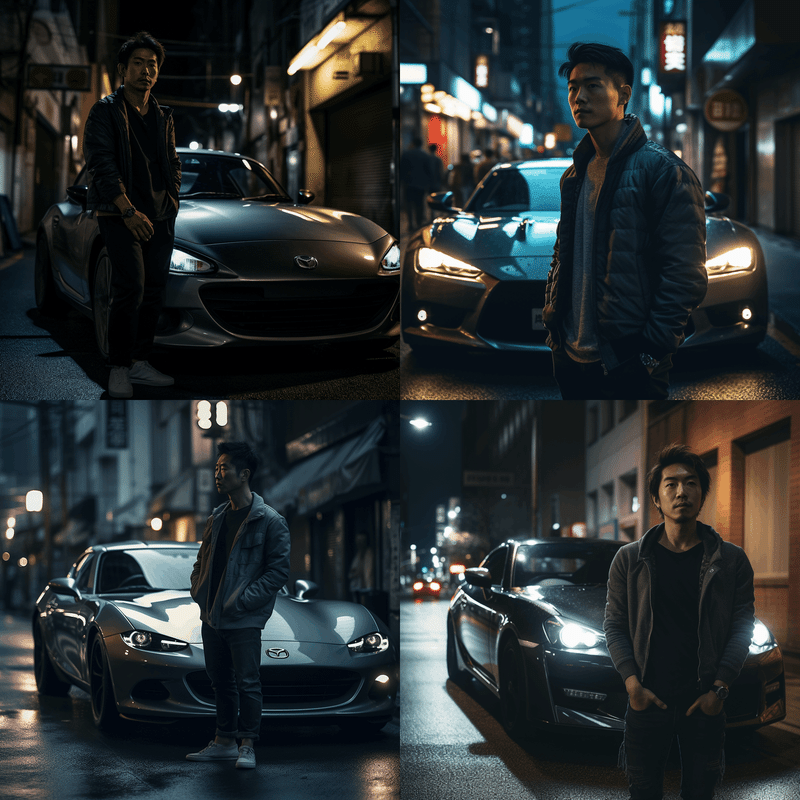 a photo of a japanese man standing in front of a sports car on a dark street with dramatic lighting and light reflecting on the road