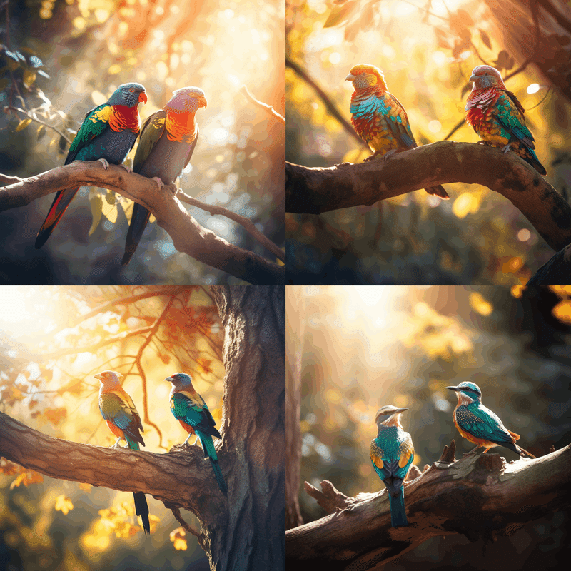 a colorful photo of two birds on a tree with bright sunlight and rays of light