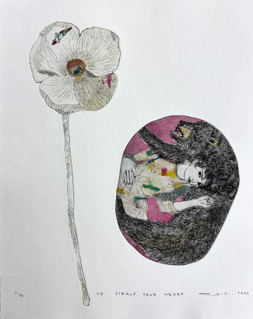 銅版画応用絵画　title「イデアの花姿」 版画旅行18 イシイアツコさんの銅版画作品｜morning