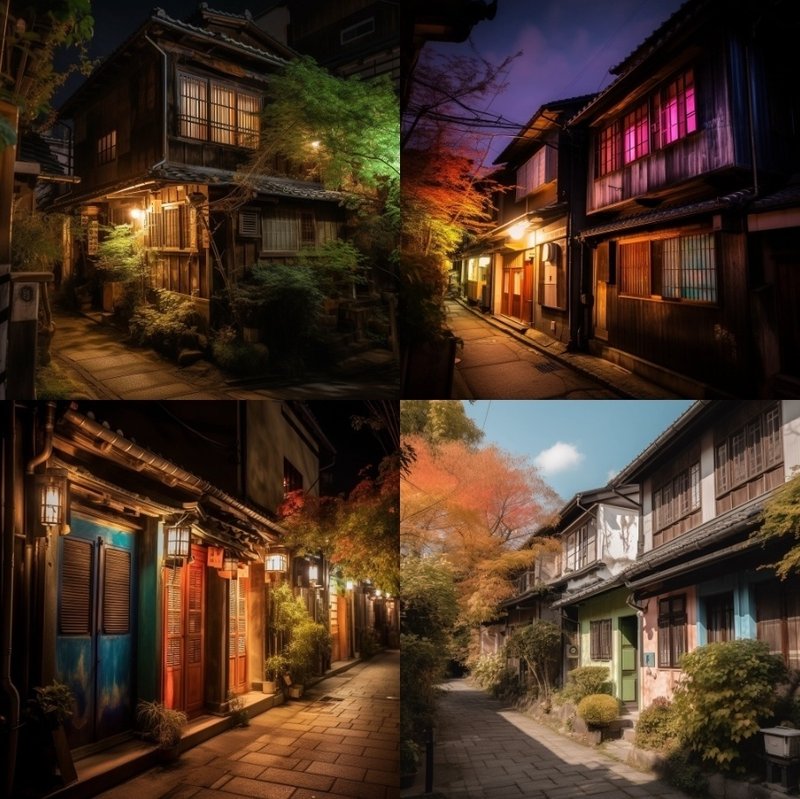 A colorful photo using natual lighting of a old Houses in Kyoto using natural lighting