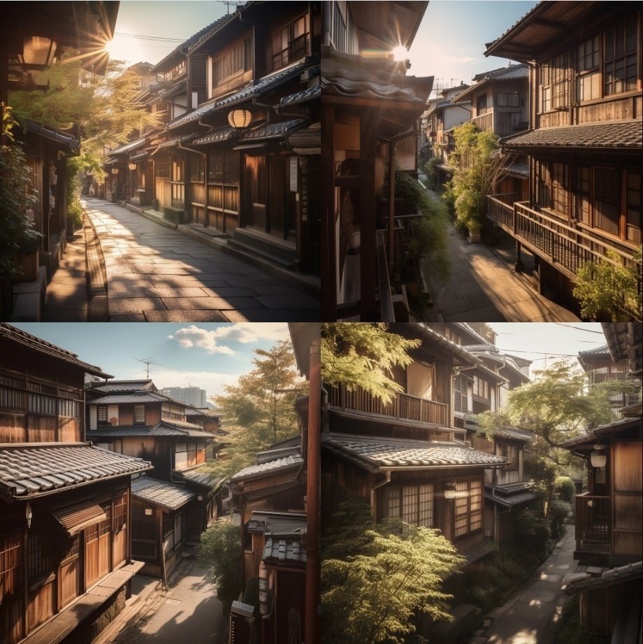 a photo with bright sunlight of old Houses in Kyoto