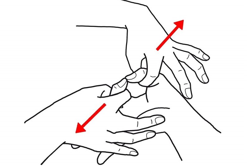 オーリングの施術方法。ほかの人に指を左右に引っ張ってもらう画像