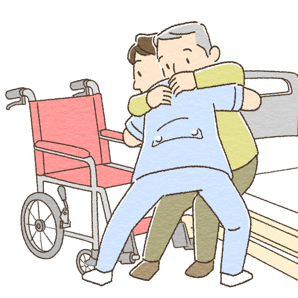 介護士が高齢者の男性を車椅子へ移乗させている画像