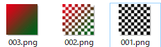 赤と緑のグラデーションの正方形・赤と緑のグラデーションがかかった格子状の模様・白と黒の格子状の模様