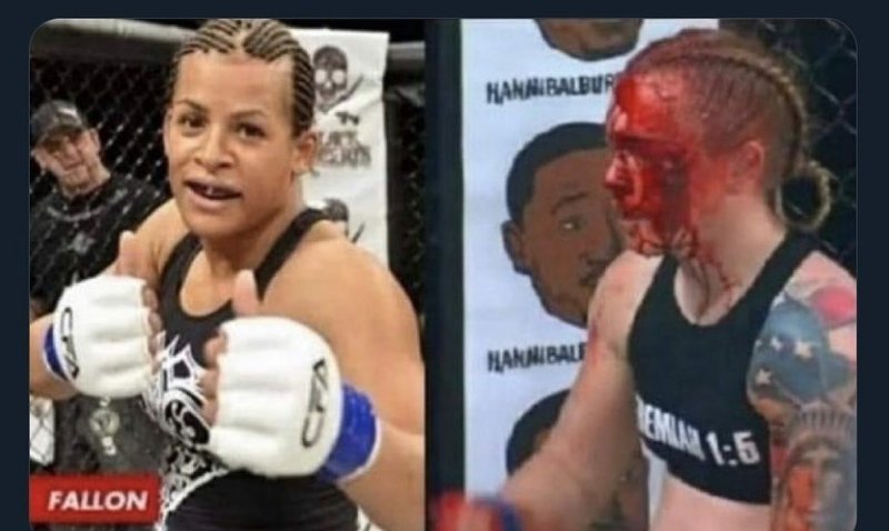 【虚偽の画像です】左側に写るトランス女性格闘家が写り、右側には頭から流血している女性格闘家が写っていますが、二人が対戦した事実はありません