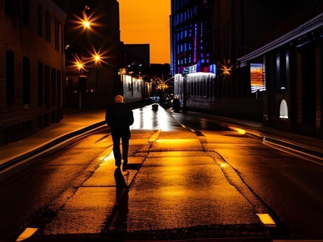 夜に道路を歩いている男