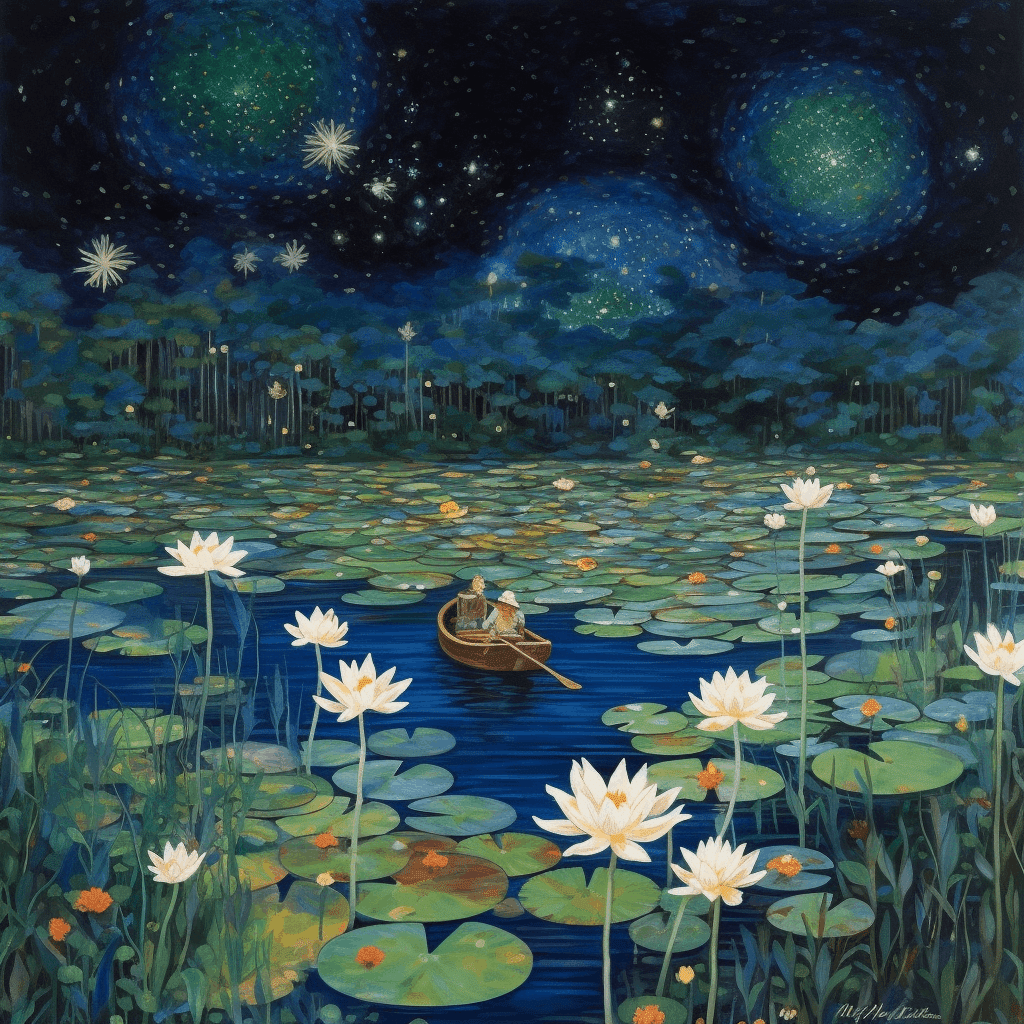 Yukimasa ida painting mixed with The water lilies and Starry night --v 5