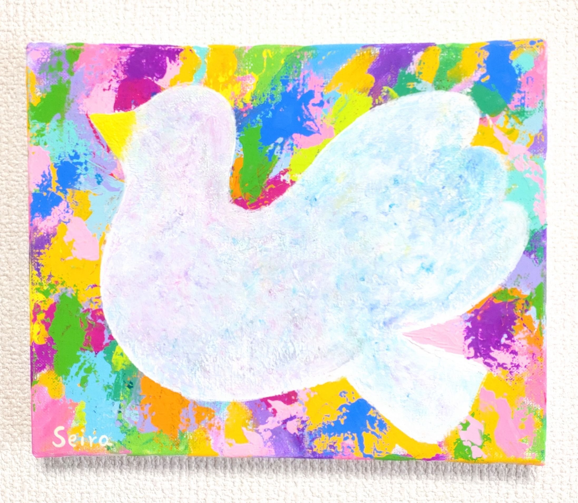 【翌日発送可能】 アクリル画 花と白い鳩のモチーフ 絵画