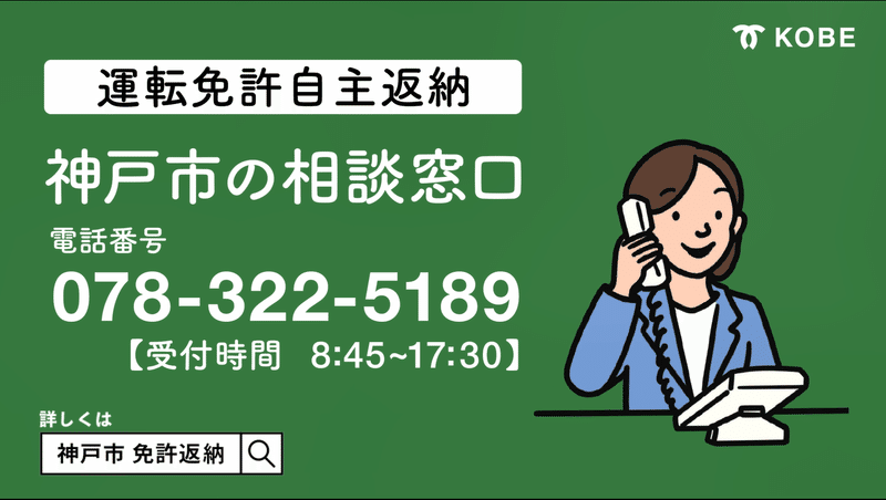運転免許自主返納/神戸市の相談窓口、電話番号:078-322-5189(受付:8:45-17:30)、詳しくは、神戸市・免許返納で検索