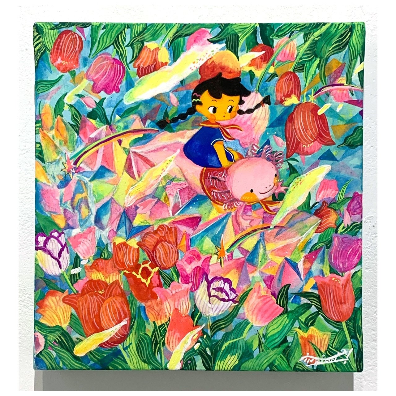 絵画人物「ミモザと少女」紙にアクリル画絵画アーティスト