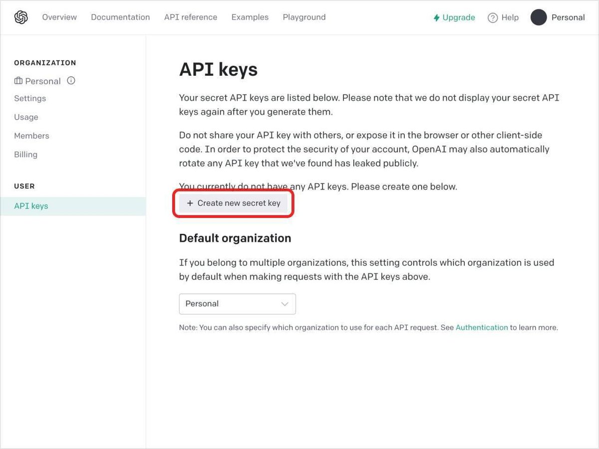 OpenAIの「API Keys」の画面のスクリーンショット