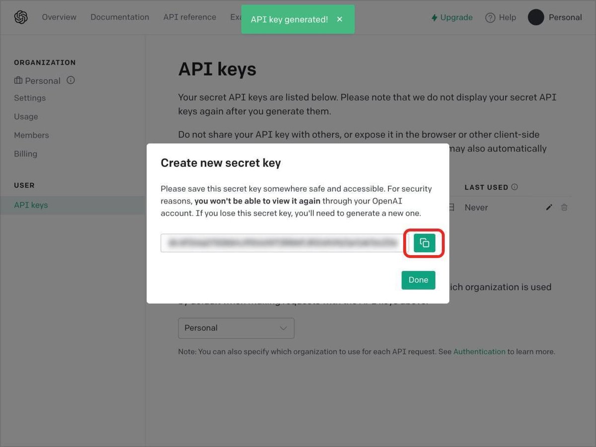OpenAIの「API Keys」の画面のスクリーンショット