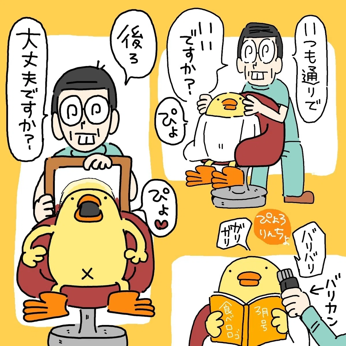 今日のひよこ人間ぴよ『床屋』（イラスト漫画）and 5月用のひよこ人間 