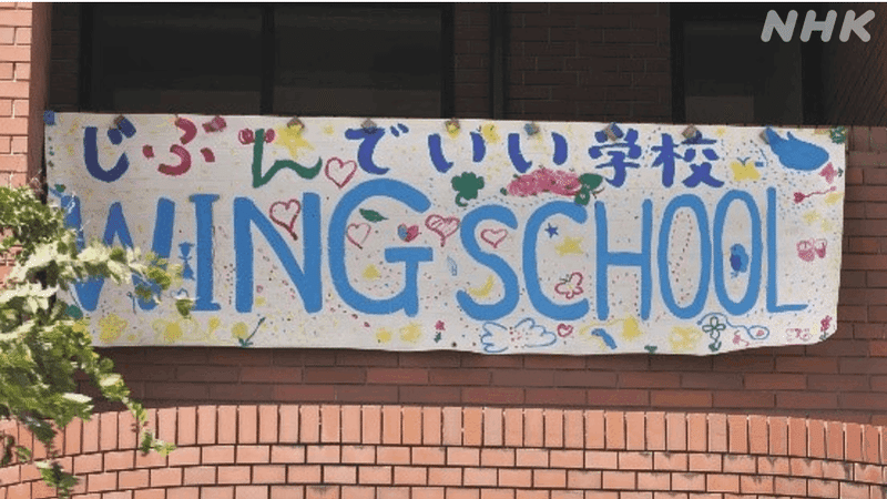 校舎のベランダに賭けられた数メートルの垂れ幕に、「じぶんでいい学校 WING SCHOOL」と書かれている。
