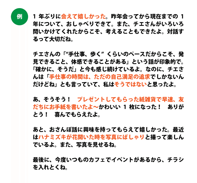 例／1年ぶりに会えて嬉しかった。昨年会ってから現在までの1年について、おしゃべりできて。また、チエさんがいろいろ問いかけてくれたからこそ、考えることもできたよ。対話するって大切だね。  チエさんの「“手仕事、歩く”くらいのペースだからこそ、発見できること、体感できることがある」という話が印象的で。「確かに、そうだ」と今も感じ続けているよ。なのに、チエさんは「手仕事の時間は、ただの自己満足の追求でしかないんだけどね」とも言っていて、私はそうではないと思ったよ。  あ、そうそう！　プレゼントしてもらった紙雑貨で早速、友だちにお手紙を書いたよ～かわいい1枚になった！　ありがとう！　喜んでもらえたよ。  あと、おさんぽ話に興味を持ってもらえて嬉しかった。最近はハナミズキが花開いた時を写真にぱしゃりと撮って楽しんでいるよ。また、写真を見せるね。  最後に、今度いつものカフェでイベントがあるから、チラシを入れとくね。