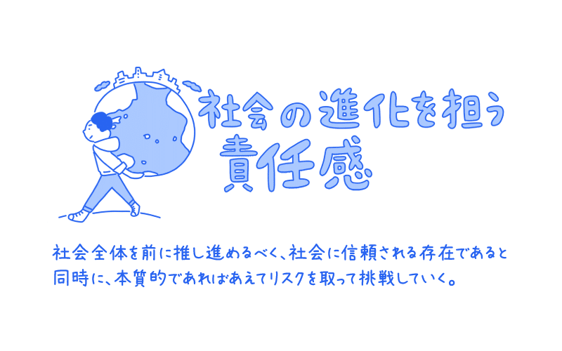 freeeが大事にする価値基準のひとつ「社会の進化を担う責任感」のイラスト。説明文も付記「社会全体を前に推し進めるべく、社会に信頼される存在であると同時に、本質的であればあえてリスクを取って挑戦していく。」