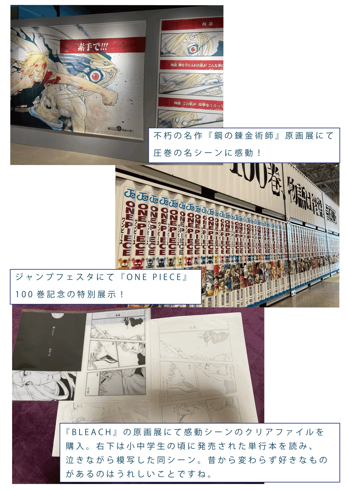 (上段)不朽の名作『鋼の錬金術師』原画展にて圧巻の名シーンに感動!/(中段)ジャンプフェスタにて『ONE PIECE』100巻記念の特別展示!/『BLEACH』の原画展にて感動シーンのクリアファイルを購入。右下は小中学生の頃に発売された単行本を読み、泣きながら模写した同シーン。昔から変わらず好きなものがあるのは嬉しいことですね。