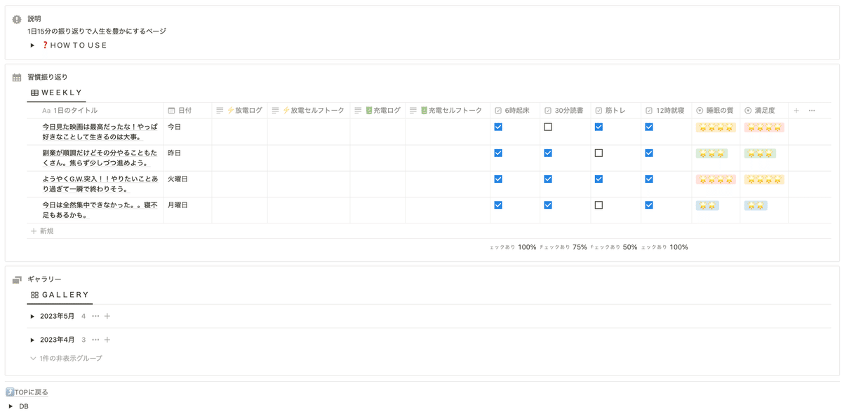 デイリージャーナルページの完成イメージ（トグル全閉）