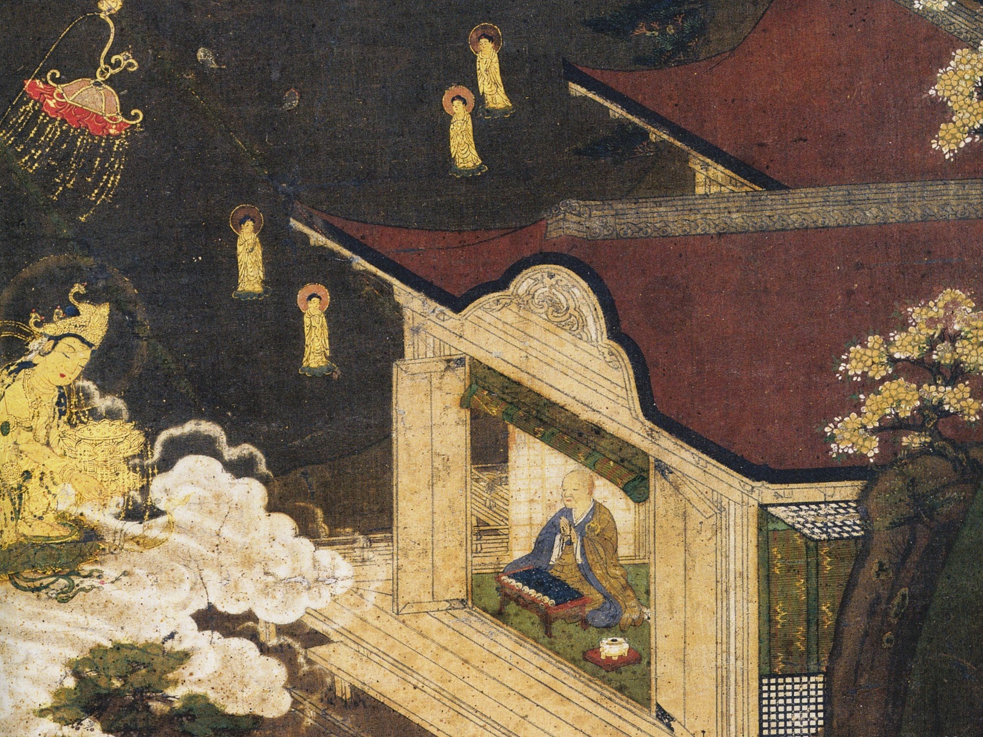桜と寺院の日本画 Detail. Cherry Tree by Hasegawa Tohaku and Hasegawa Kyūzō