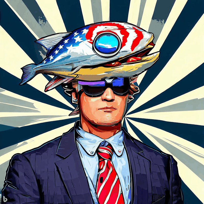 Please create an avatar of a male character wearing X-Men Cyclops sunglasses with a tuna on his head. The background should be an American comic book style picture and should have an American feel to it. He should be dressed in a business suit.