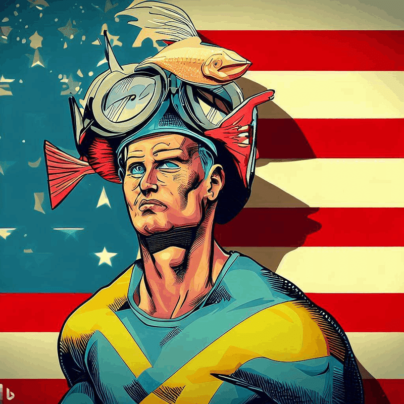 Please create an avatar of a male character wearing X-Men Cyclops sunglasses with a big fish on his head. The background should be an American comic book style picture and should have an American feel to it.