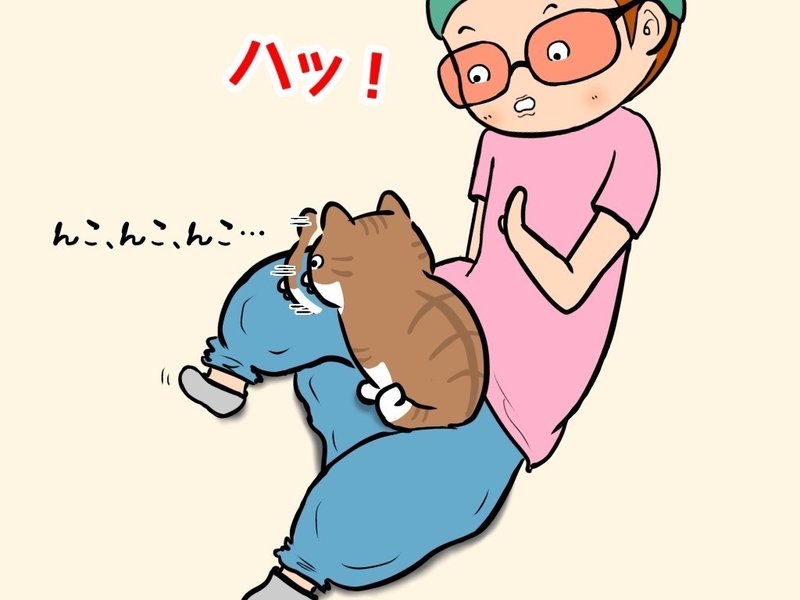 「んこ、んこ、んこ…」と嘔吐しそうな様子の猫さんにハッとするイカ耳のイラスト。