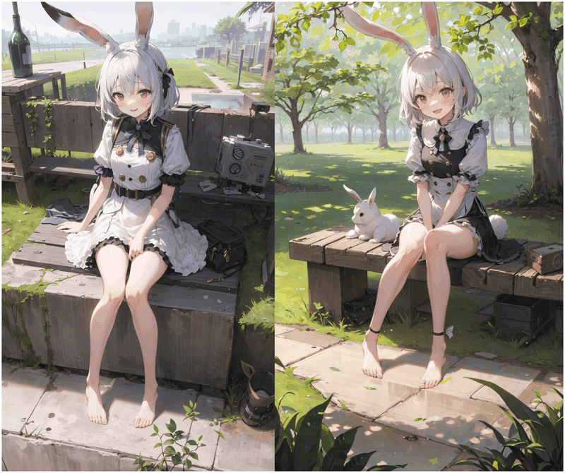 ((masterpiece,best quality)),1girl, solo, animal ears, rabbit, barefoot, knees up, dress, sitting, rabbit ears, short sleeves, looking at viewer, grass, short hair, smile, white hair, puffy sleeves, outdoors, puffy short sleeves, bangs, on ground, full body, animal, white dress, sunlight, brown eyes, dappled sunlight, day, depth of field Negative prompt: EasyNegative, extra fingers,fewer fingers, Steps: 20, Sampler: DPM++ 2M Karras, CFG scale: 10, Size: 448x768, Denoising strength: 0.6, Hires upscale: 1.8, Hires upscaler: Latent