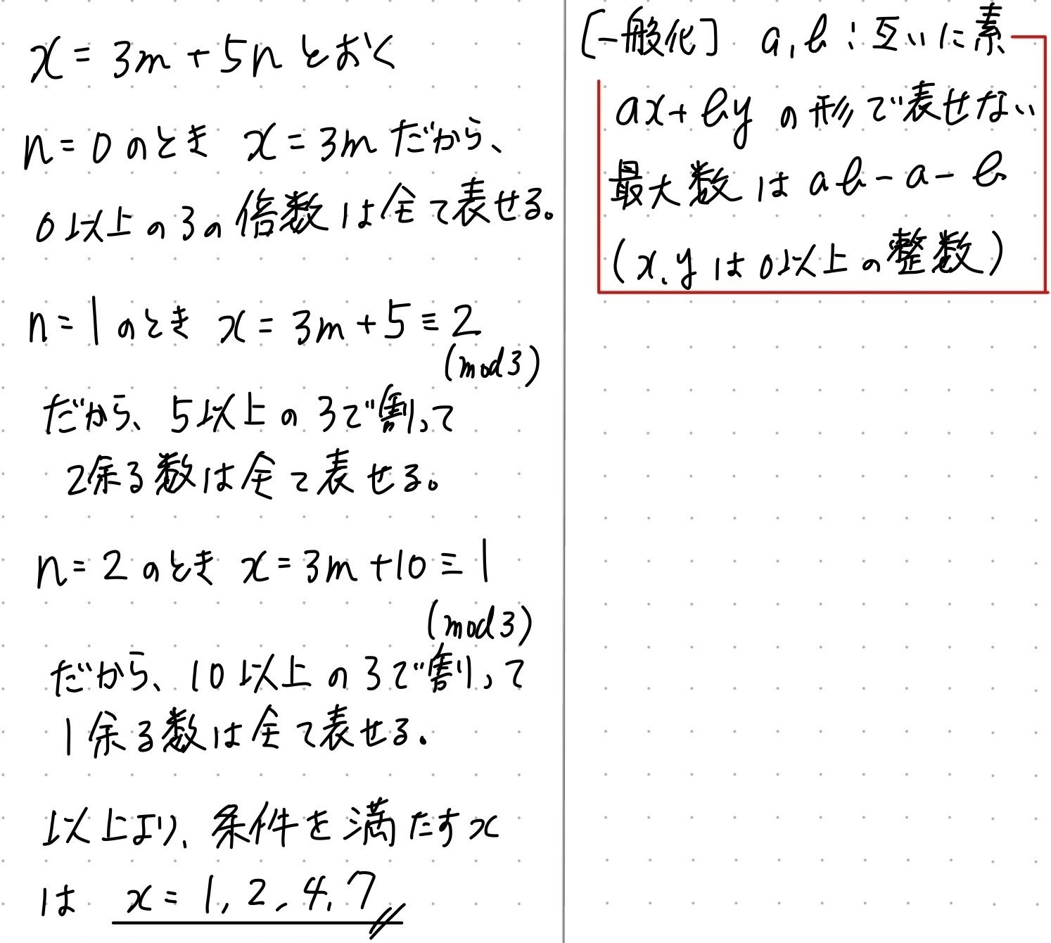 PieceCHECK(2023-20) 3m+5nで表せない整数｜東大数学9割のKATSUYAが