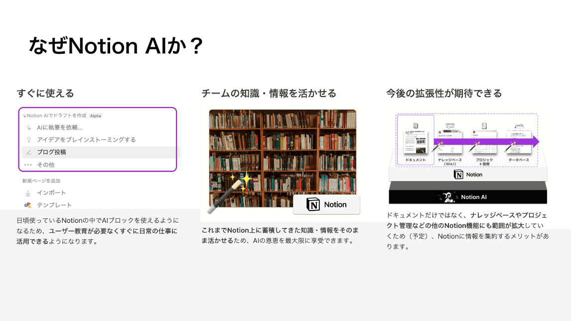 なぜNotion AIか？「すぐ使える」「チームの知識・情報を活かせる」「今後の拡張性が期待できる」