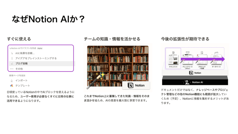 なぜNotion AIか？「すぐ使える」「チームの知識・情報を活かせる」「今後の拡張性が期待できる」