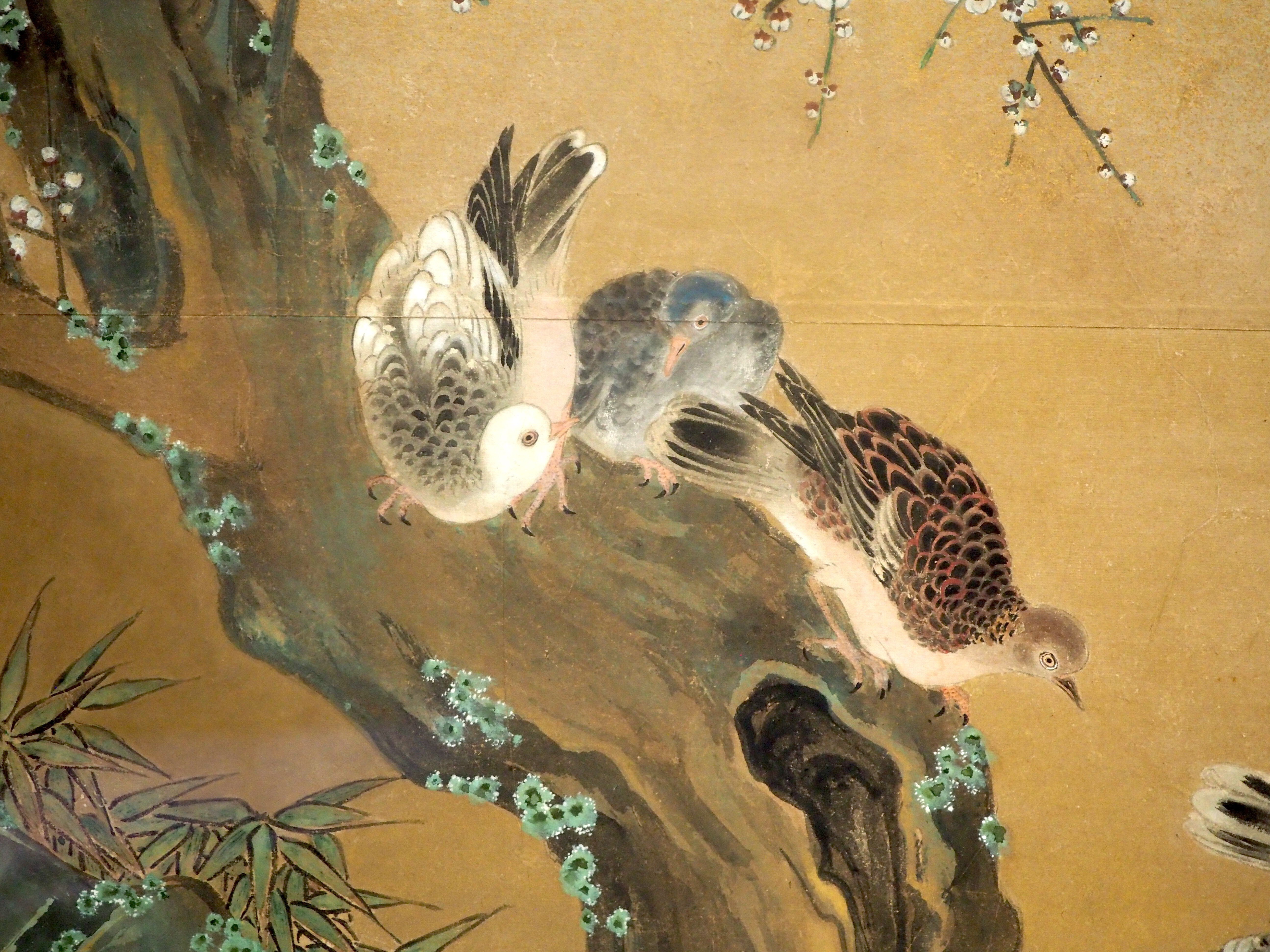 和風 鳥と植物の屏風 花や鳥がいきいきと描かれた、海北友雪の《花鳥図屏風》 @トーハク