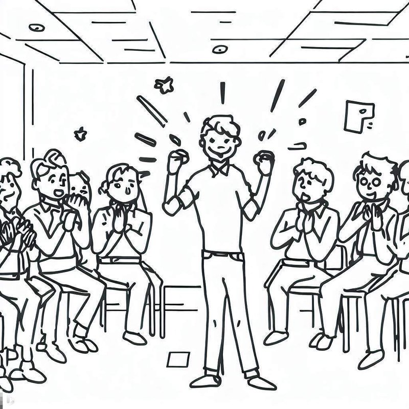 日本の会社で新入社員の素晴らしいプレゼンテーションに上司みんなが驚き喜んでいるイラスト。会議室の中。線画でワンポイントの挿絵として描いて下さい。