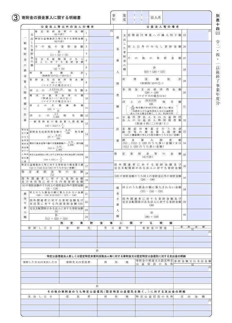 入力用PDF】別表十四(二) 寄附金の損金算入に関する明細書(令和2