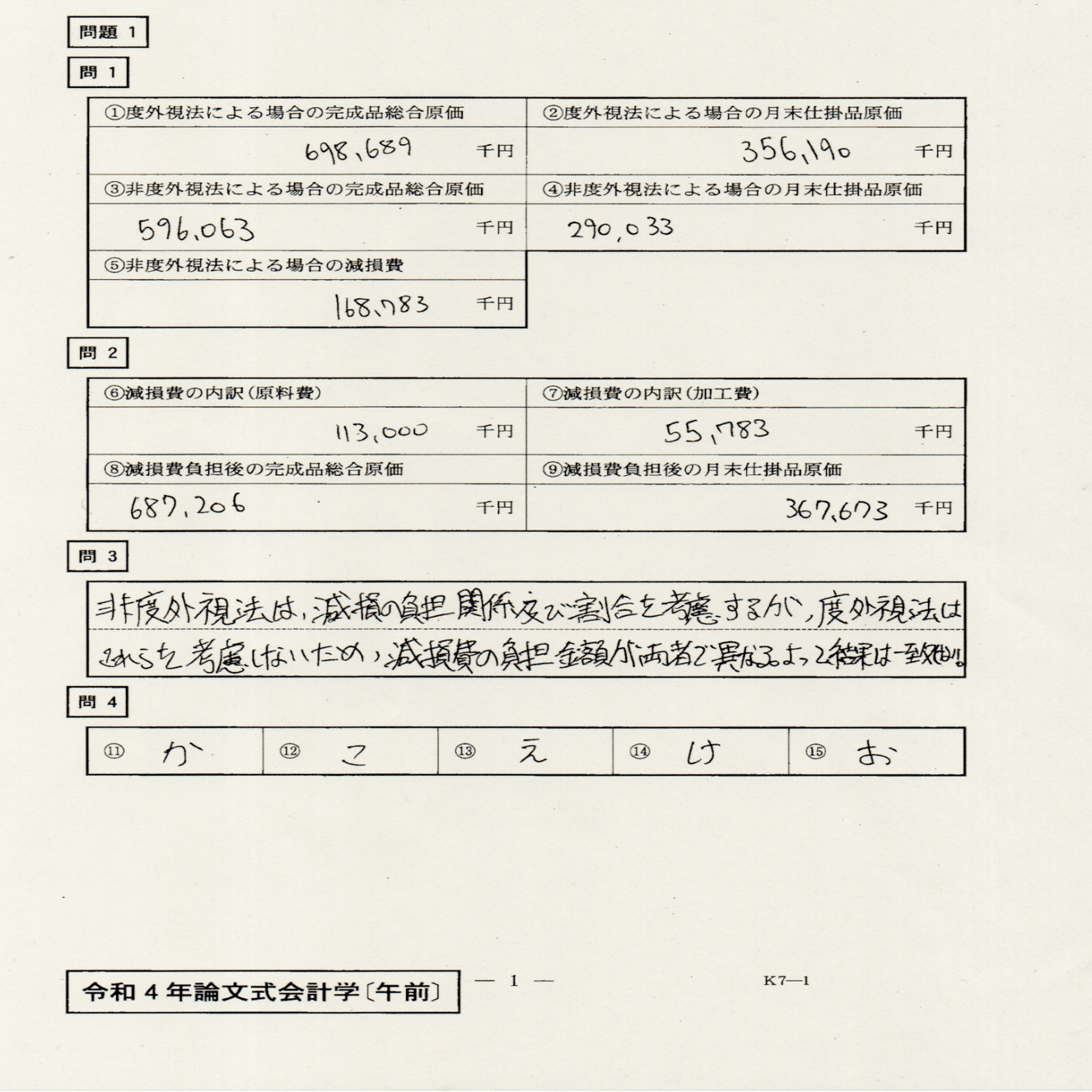 令和4年度公認会計士試験論文式：答案開示 会計学 午前（管理）｜くるみ