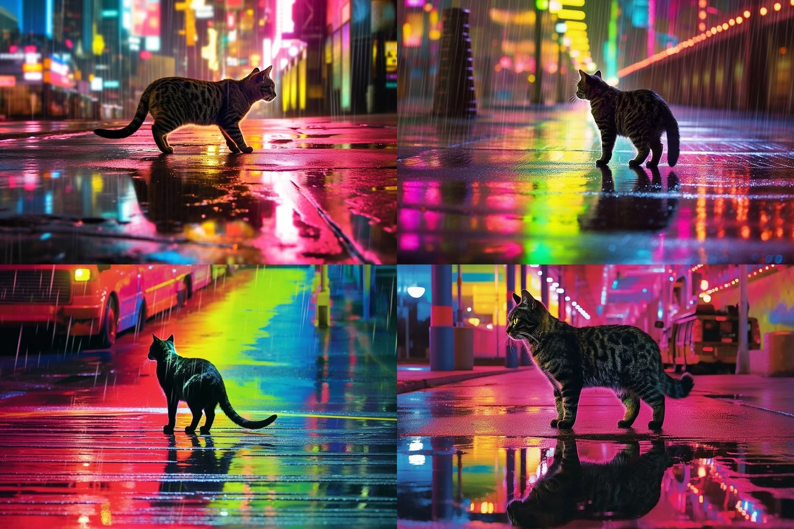 AI猫写真 vol.44 ネオンが反射する雨上がりの街と猫｜Yoshihiro Tanaka