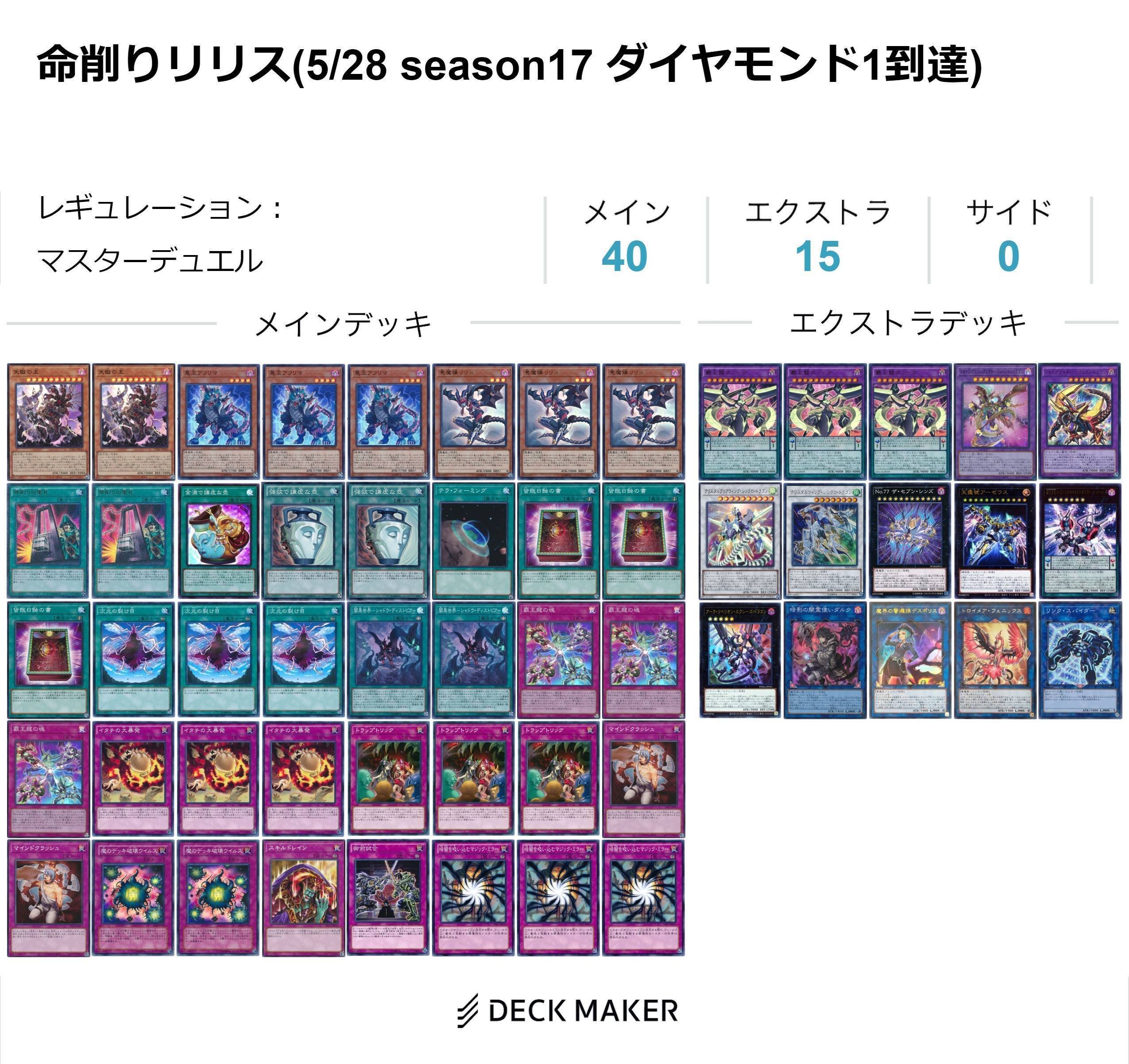 大人の上質  season17 解説｜ゆめきゆう ダイヤ1到達】命削りリリスコントロール 遊戯王OCG デュエルモンスターズ
